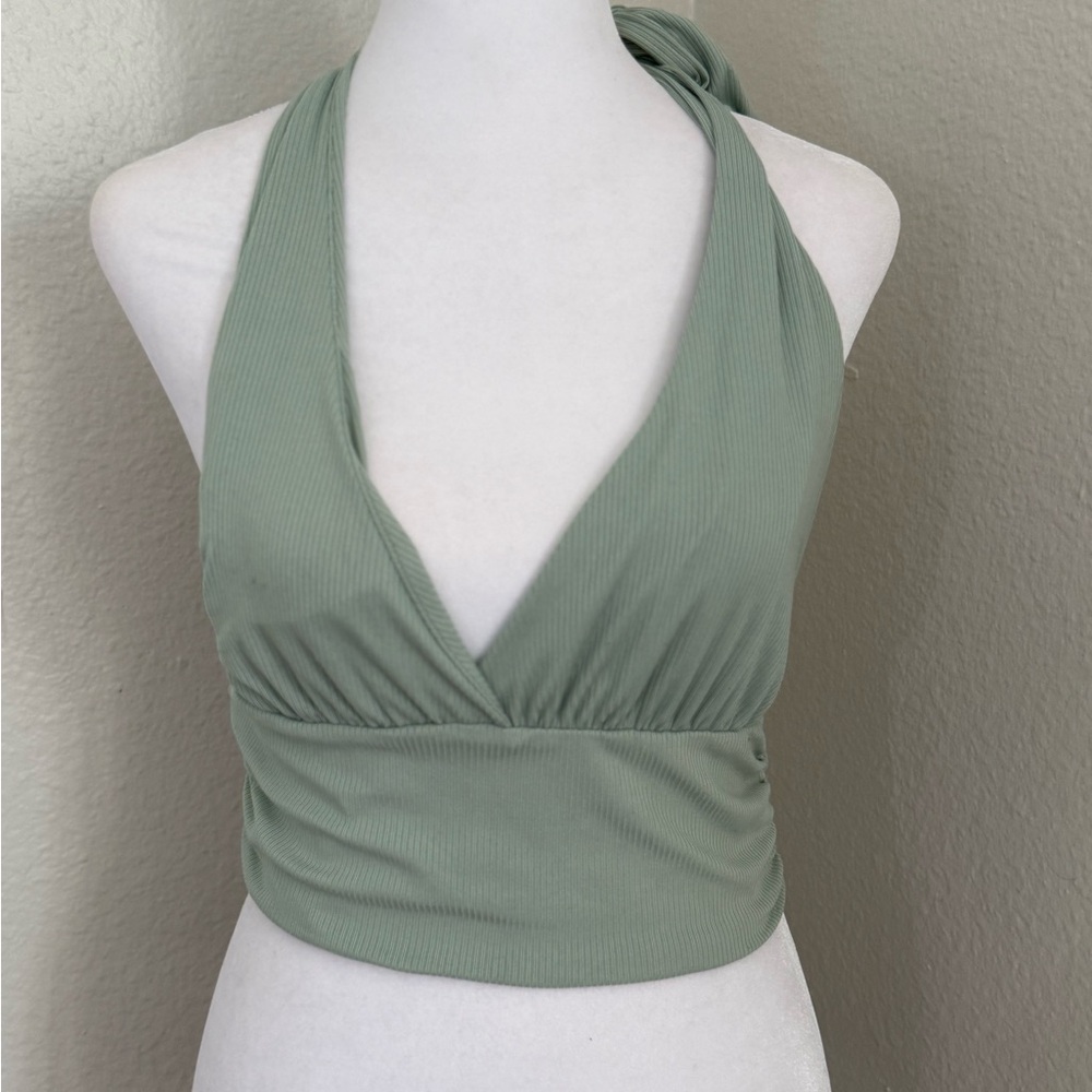 Sage Green Ribbed Halter Crop Top